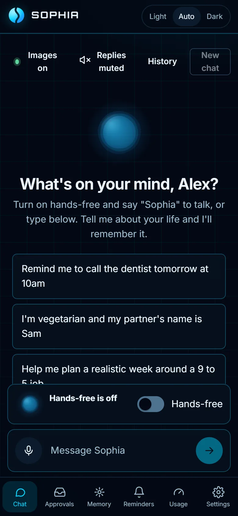 Sophia Assistant home screen greeting the user by name, with suggested requests and the hands-free switch