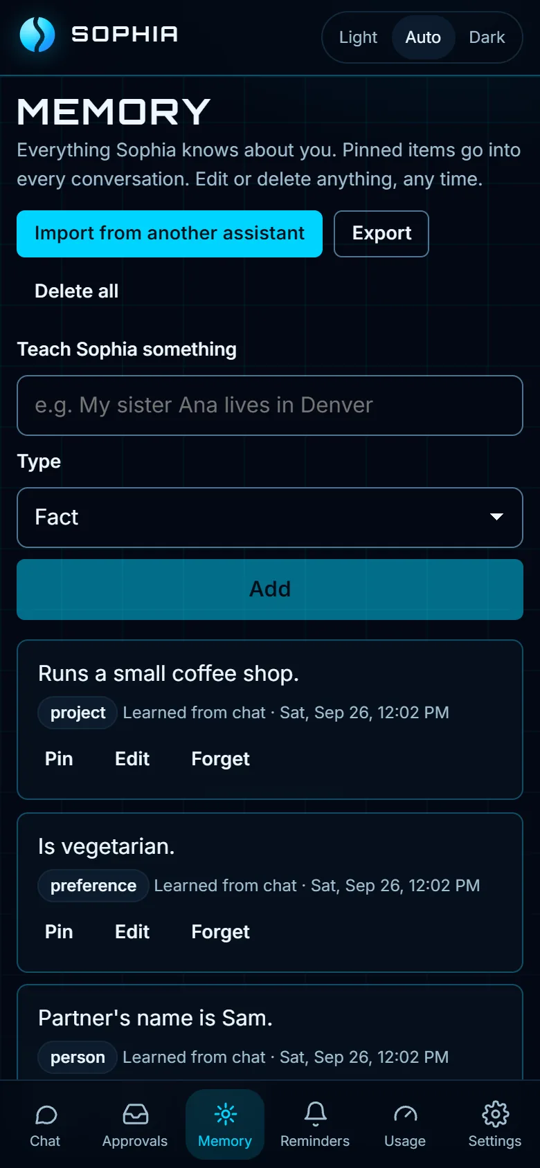The Memory page listing each remembered fact with Pin, Edit and Forget