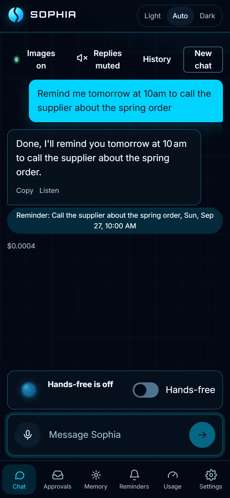 A chat where Sophia confirms a reminder to call a supplier at 10am tomorrow