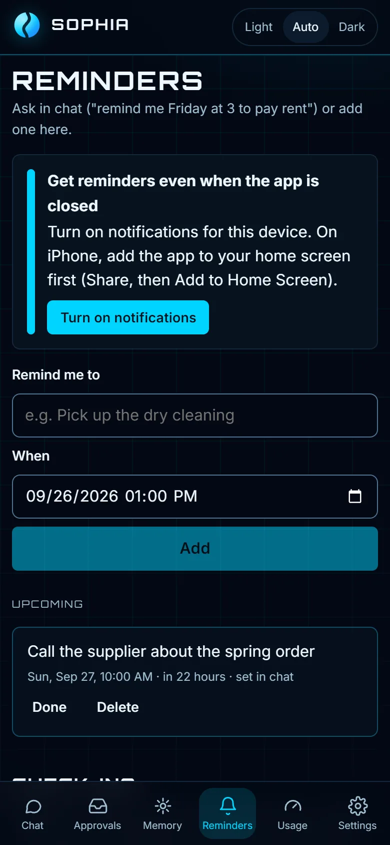 The Reminders page with an upcoming reminder and notification settings