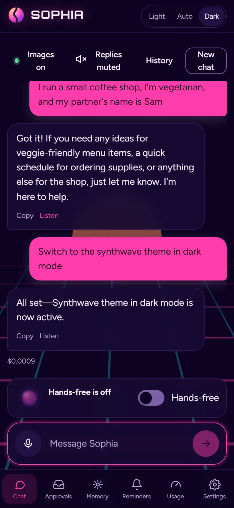 Sophia Assistant after being asked to switch to the Synthwave theme