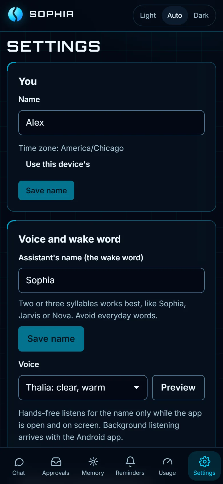 Settings for the wake word and the speaking voice