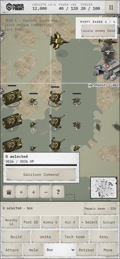 Paper Front on a phone in portrait: eight units selected, the swipe deck of orders along the bottom and the radar in the corner