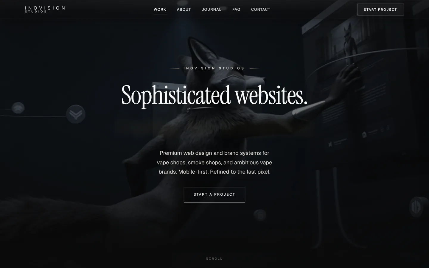 The Inovision Studios home page as built by SOPHIA XT: the rendered hero and the Sophisticated websites headline